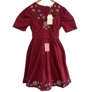 Ivy City Co. Heidi Dress Maroon Embroidered Cottagecore Knee Length Preppy